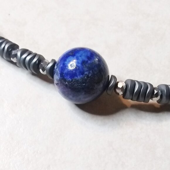 Lapis Lazuli & Hematite! Wear as a Choker or Wrap Bracelet! 15.5" + 3" Extender - Picture 3 of 7